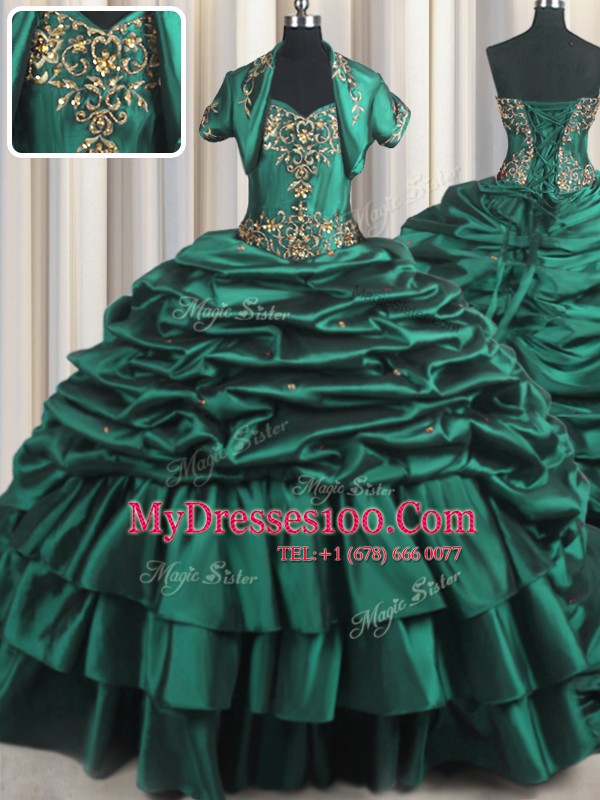 Fine Peacock Green Sleeveless With Train Beading and Appliques and Pick Ups Lace Up Quinceanera Dress