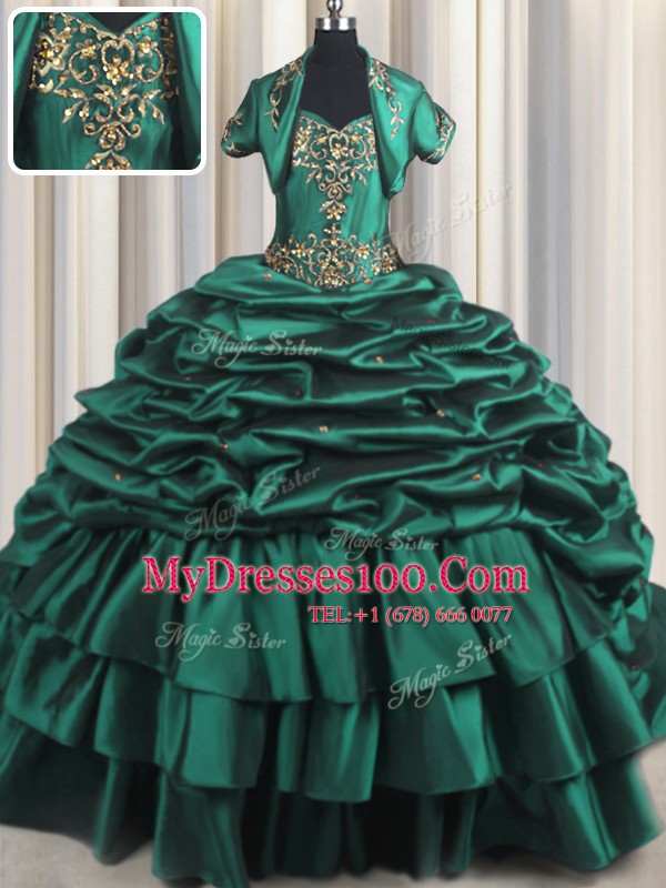 Fine Peacock Green Sleeveless With Train Beading and Appliques and Pick Ups Lace Up Quinceanera Dress