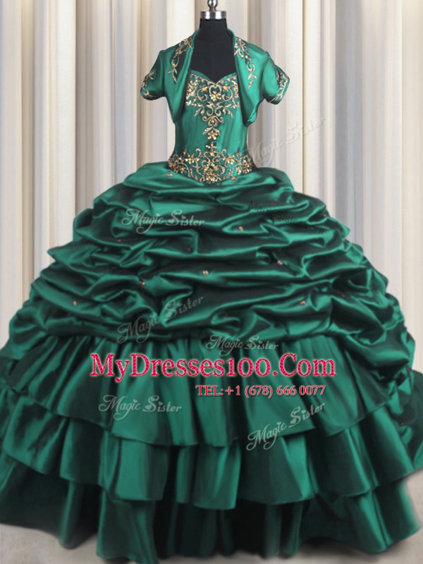 Fine Peacock Green Sleeveless With Train Beading and Appliques and Pick Ups Lace Up Quinceanera Dress