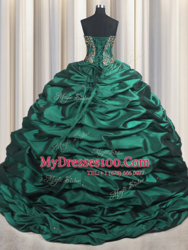 Fine Peacock Green Sleeveless With Train Beading and Appliques and Pick Ups Lace Up Quinceanera Dress