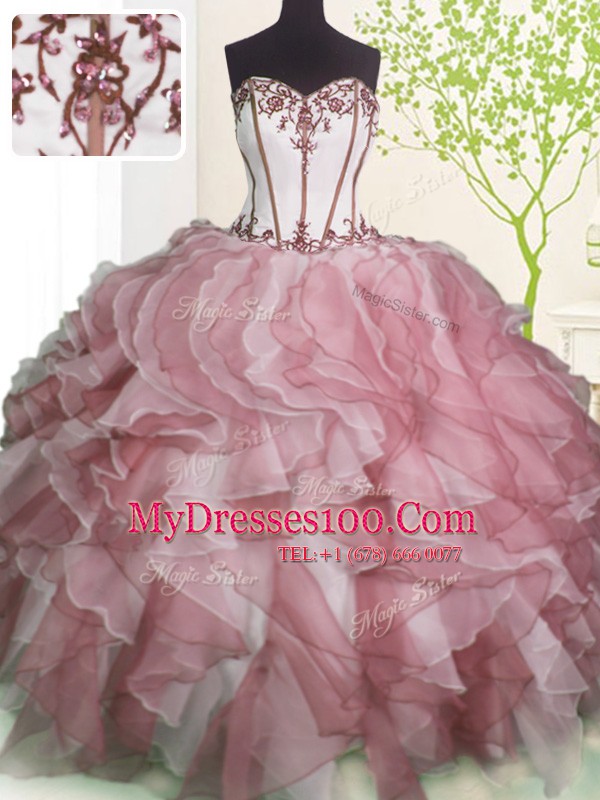 Deluxe Pink And White Ball Gowns Ruffles 15 Quinceanera Dress Lace Up Organza Sleeveless Floor Length