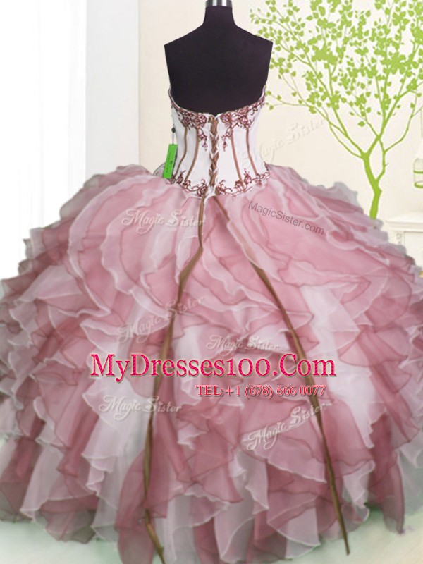 Deluxe Pink And White Ball Gowns Ruffles 15 Quinceanera Dress Lace Up Organza Sleeveless Floor Length