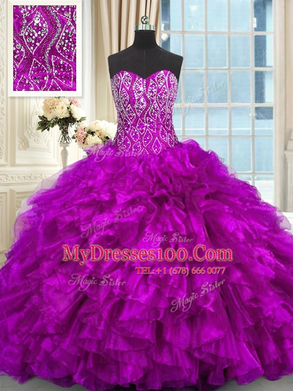 Elegant Purple Ball Gowns Beading and Ruffles Sweet 16 Dress Lace Up Organza Sleeveless