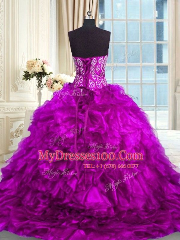 Elegant Purple Ball Gowns Beading and Ruffles Sweet 16 Dress Lace Up Organza Sleeveless