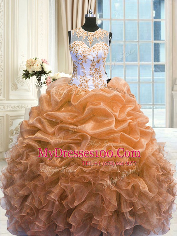 Smart Orange Ball Gown Prom Dress Military Ball and Sweet 16 and Quinceanera and For with Beading and Ruffles Scoop Sleeveless Zipper