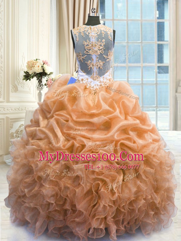 Smart Orange Ball Gown Prom Dress Military Ball and Sweet 16 and Quinceanera and For with Beading and Ruffles Scoop Sleeveless Zipper