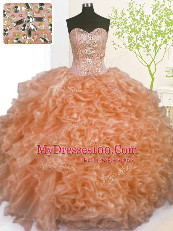 Pick Ups Floor Length Orange Ball Gown Prom Dress Sweetheart Sleeveless Lace Up
