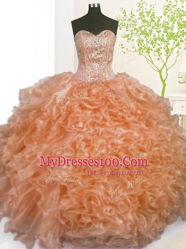 Pick Ups Floor Length Orange Ball Gown Prom Dress Sweetheart Sleeveless Lace Up
