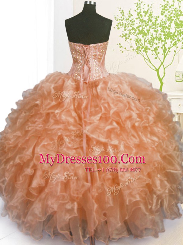 Pick Ups Floor Length Orange Ball Gown Prom Dress Sweetheart Sleeveless Lace Up