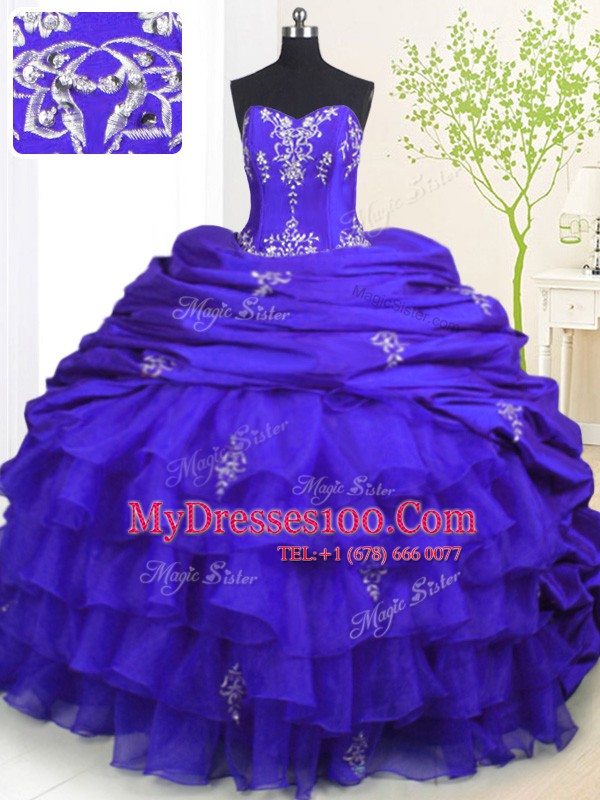 Shining Sleeveless Brush Train Beading and Appliques and Ruffled Layers and Pick Ups Lace Up Quinceanera Gowns