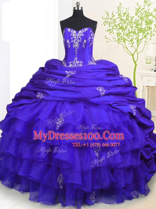 Shining Sleeveless Brush Train Beading and Appliques and Ruffled Layers and Pick Ups Lace Up Quinceanera Gowns