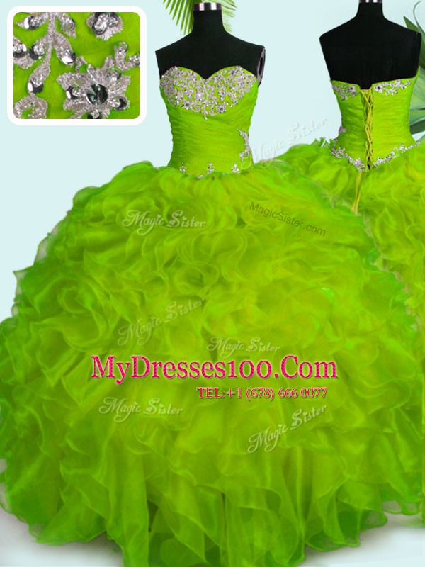 Popular Yellow Green Ball Gowns Organza Sweetheart Sleeveless Beading and Ruffles Floor Length Lace Up 15 Quinceanera Dress