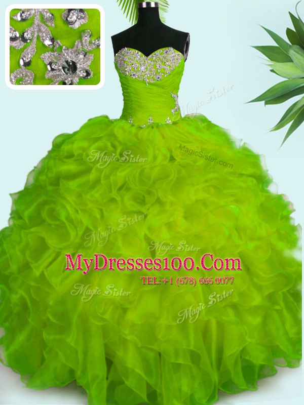 Popular Yellow Green Ball Gowns Organza Sweetheart Sleeveless Beading and Ruffles Floor Length Lace Up 15 Quinceanera Dress