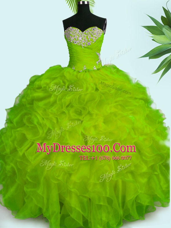 Popular Yellow Green Ball Gowns Organza Sweetheart Sleeveless Beading and Ruffles Floor Length Lace Up 15 Quinceanera Dress