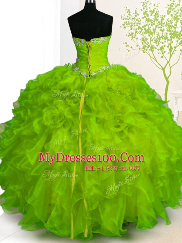Popular Yellow Green Ball Gowns Organza Sweetheart Sleeveless Beading and Ruffles Floor Length Lace Up 15 Quinceanera Dress