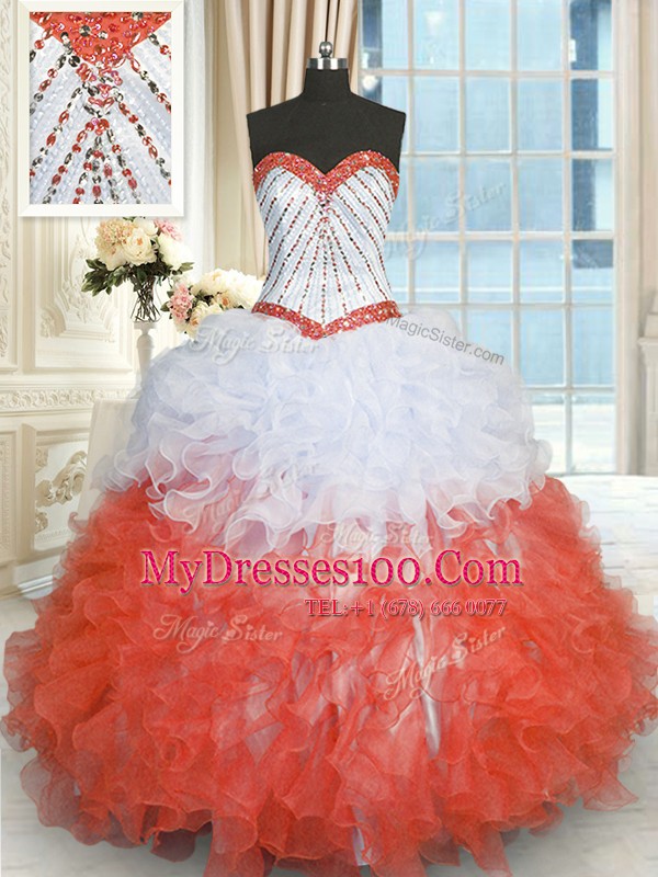White And Red Sweetheart Neckline Beading and Ruffles Ball Gown Prom Dress Sleeveless Lace Up
