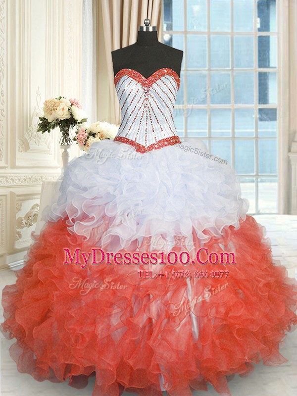White And Red Sweetheart Neckline Beading and Ruffles Ball Gown Prom Dress Sleeveless Lace Up