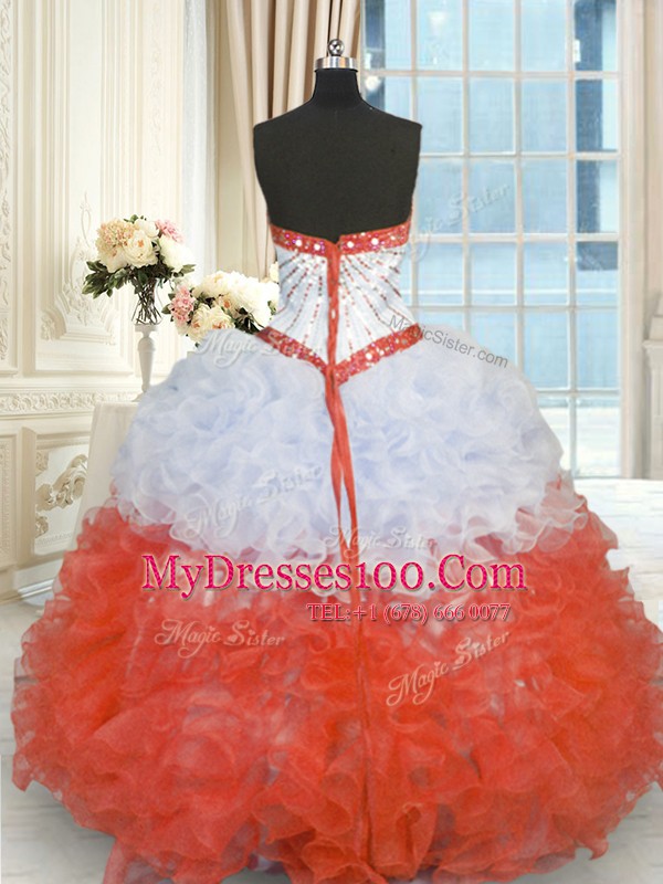 White And Red Sweetheart Neckline Beading and Ruffles Ball Gown Prom Dress Sleeveless Lace Up