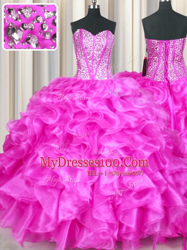 Clearance Sweetheart Sleeveless Sweet 16 Dresses Floor Length Beading and Ruffles Fuchsia Organza