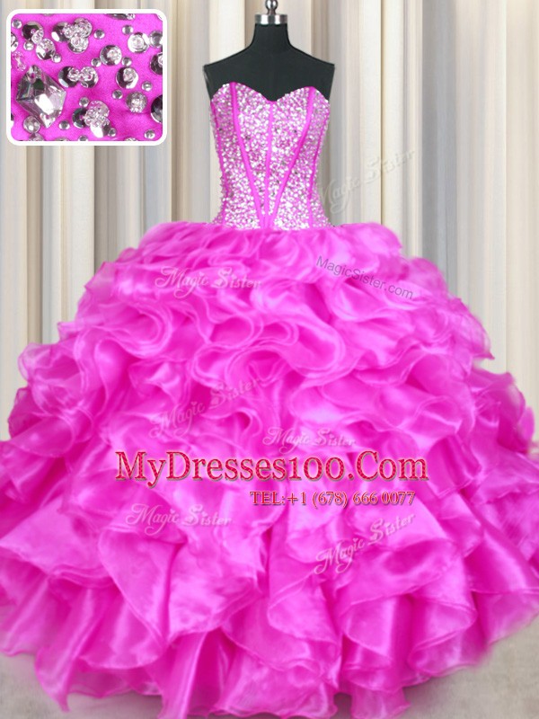 Clearance Sweetheart Sleeveless Sweet 16 Dresses Floor Length Beading and Ruffles Fuchsia Organza