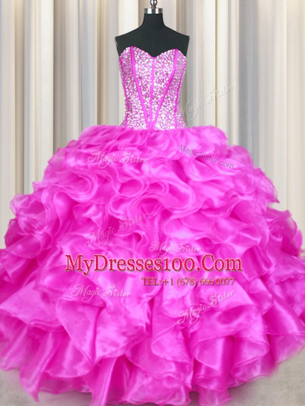Clearance Sweetheart Sleeveless Sweet 16 Dresses Floor Length Beading and Ruffles Fuchsia Organza