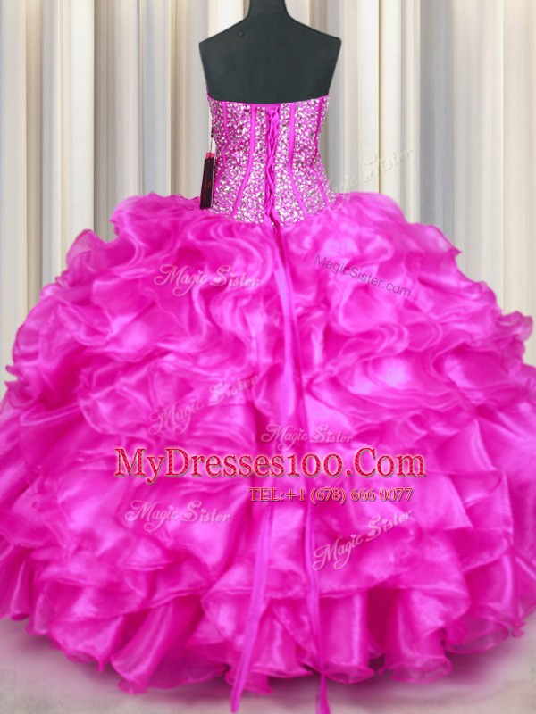 Clearance Sweetheart Sleeveless Sweet 16 Dresses Floor Length Beading and Ruffles Fuchsia Organza