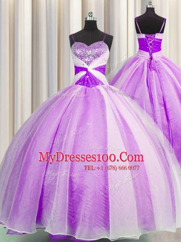 Superior Sequins Spaghetti Straps Lilac Sleeveless Organza Lace Up Quinceanera Dresses for Military Ball and Sweet 16 and Quinceanera