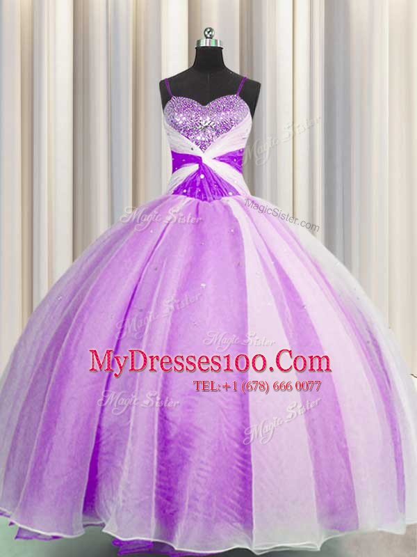Superior Sequins Spaghetti Straps Lilac Sleeveless Organza Lace Up Quinceanera Dresses for Military Ball and Sweet 16 and Quinceanera