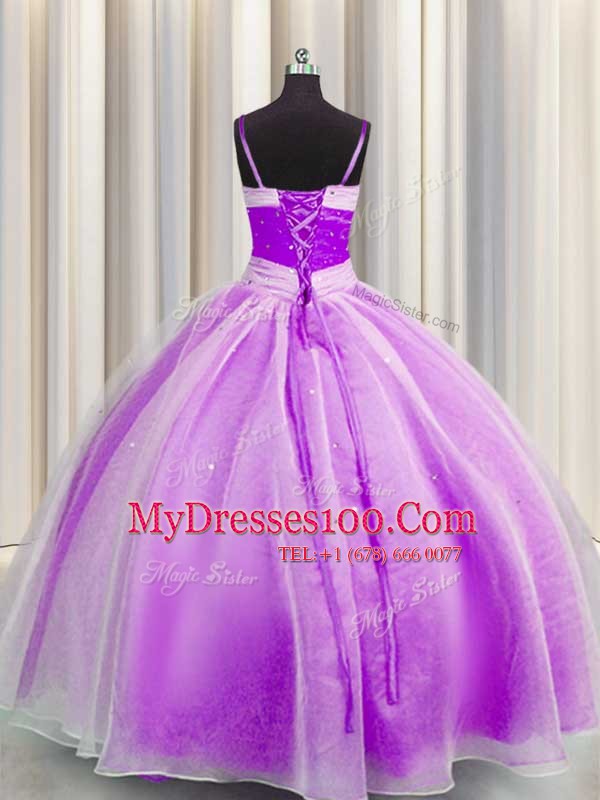Superior Sequins Spaghetti Straps Lilac Sleeveless Organza Lace Up Quinceanera Dresses for Military Ball and Sweet 16 and Quinceanera