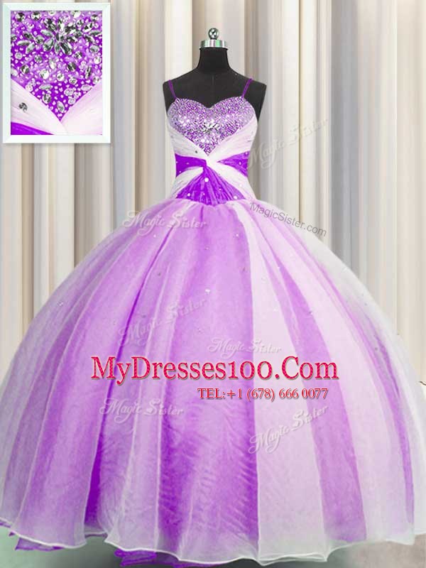 Superior Sequins Spaghetti Straps Lilac Sleeveless Organza Lace Up Quinceanera Dresses for Military Ball and Sweet 16 and Quinceanera