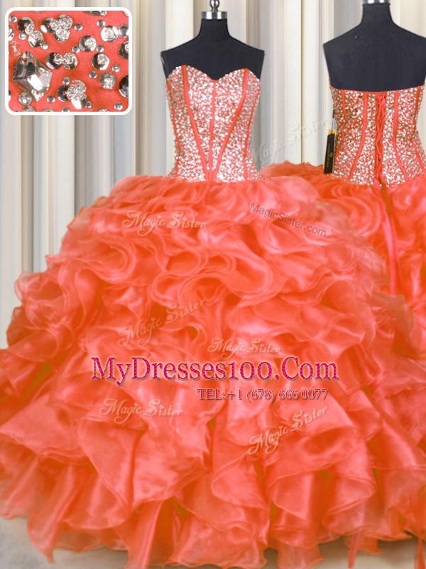 Red Organza Lace Up Sweetheart Sleeveless Floor Length Quinceanera Dresses Beading and Ruffles