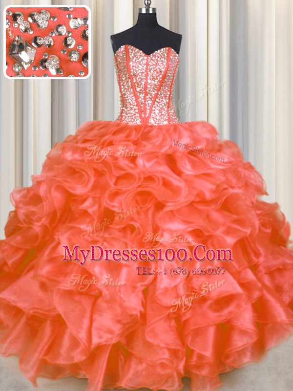Red Organza Lace Up Sweetheart Sleeveless Floor Length Quinceanera Dresses Beading and Ruffles