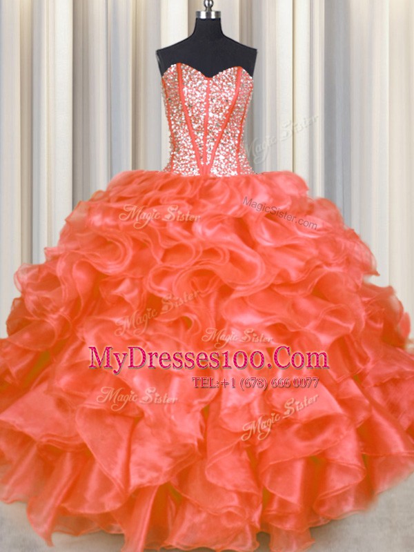 Red Organza Lace Up Sweetheart Sleeveless Floor Length Quinceanera Dresses Beading and Ruffles