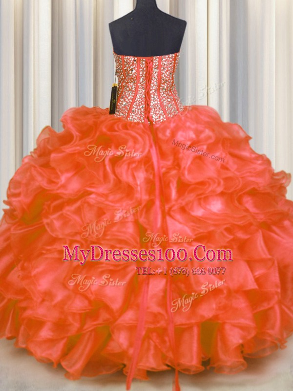 Red Organza Lace Up Sweetheart Sleeveless Floor Length Quinceanera Dresses Beading and Ruffles