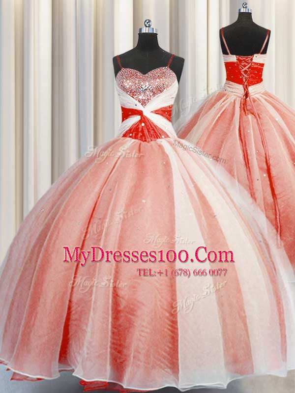 Sleeveless Floor Length Beading and Sequins and Ruching Lace Up Quinceanera Gowns with Orange Red