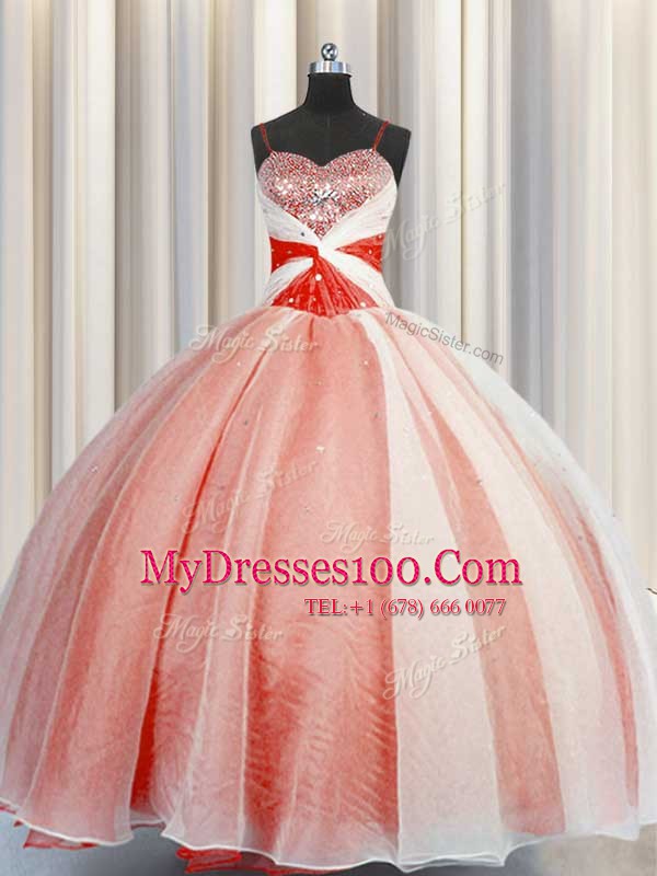 Sleeveless Floor Length Beading and Sequins and Ruching Lace Up Quinceanera Gowns with Orange Red