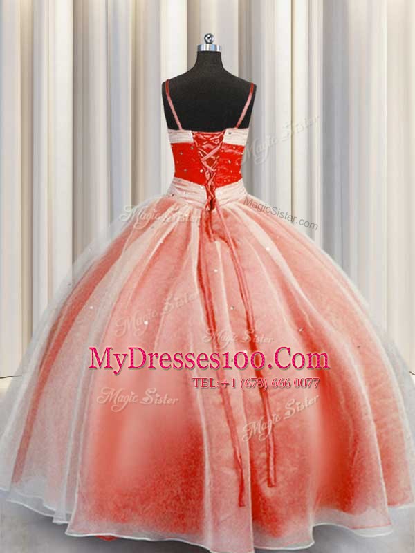 Sleeveless Floor Length Beading and Sequins and Ruching Lace Up Quinceanera Gowns with Orange Red