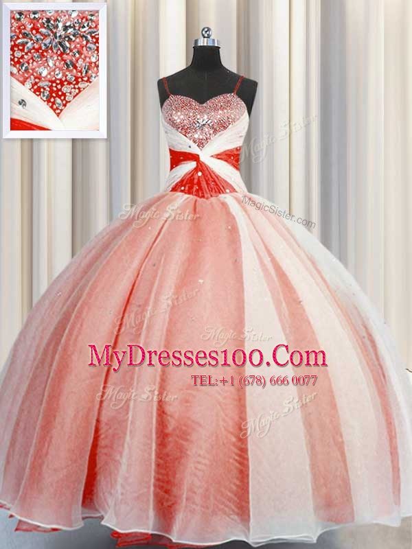 Sleeveless Floor Length Beading and Sequins and Ruching Lace Up Quinceanera Gowns with Orange Red