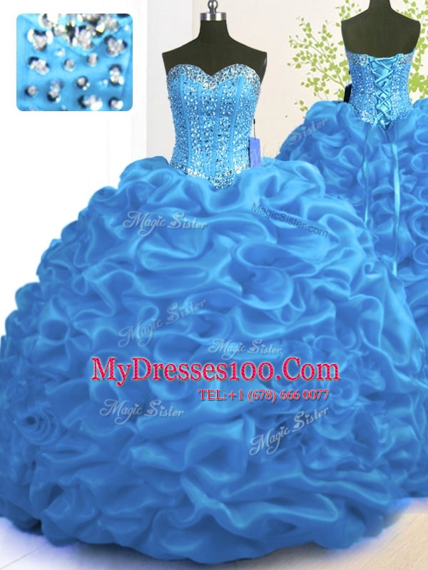 Low Price Blue Sweet 16 Dress Military Ball and Sweet 16 and Quinceanera and For with Beading and Ruffles Sweetheart Sleeveless Brush Train Lace Up