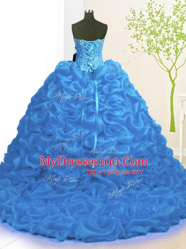Low Price Blue Sweet 16 Dress Military Ball and Sweet 16 and Quinceanera and For with Beading and Ruffles Sweetheart Sleeveless Brush Train Lace Up