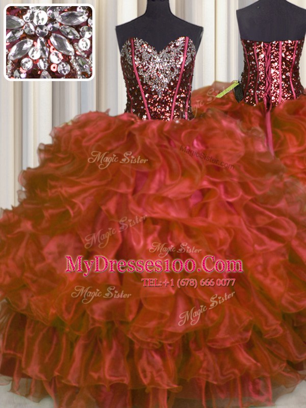 Smart Red Sleeveless Organza Lace Up Quinceanera Gown for Military Ball and Sweet 16 and Quinceanera