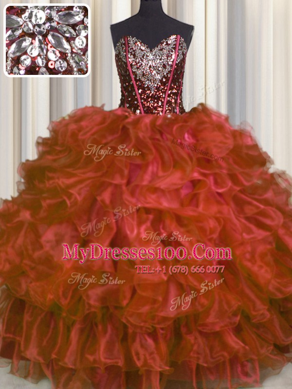 Smart Red Sleeveless Organza Lace Up Quinceanera Gown for Military Ball and Sweet 16 and Quinceanera