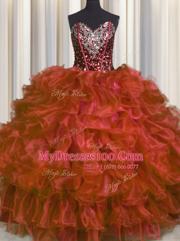 Smart Red Sleeveless Organza Lace Up Quinceanera Gown for Military Ball and Sweet 16 and Quinceanera