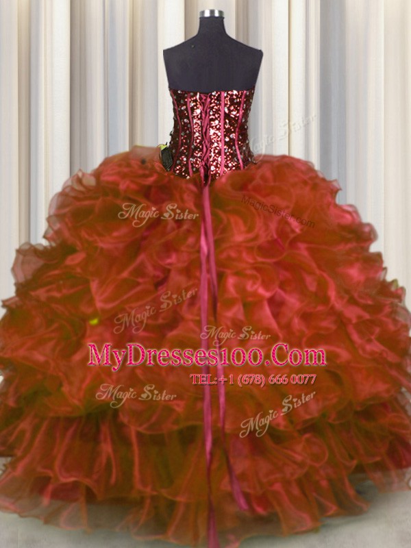 Smart Red Sleeveless Organza Lace Up Quinceanera Gown for Military Ball and Sweet 16 and Quinceanera