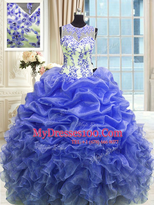 Scoop Sleeveless Quinceanera Gowns Floor Length Beading and Ruffles Blue Organza