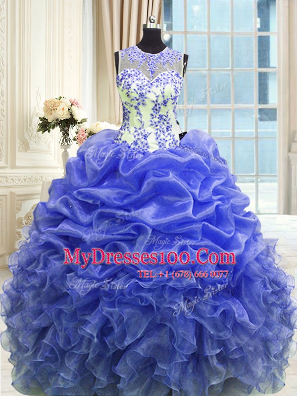 Scoop Sleeveless Quinceanera Gowns Floor Length Beading and Ruffles Blue Organza
