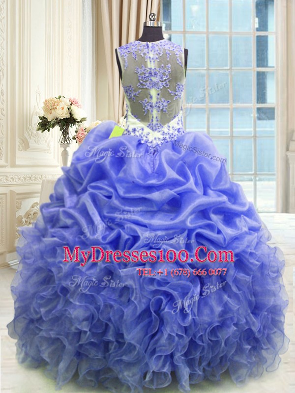 Scoop Sleeveless Quinceanera Gowns Floor Length Beading and Ruffles Blue Organza