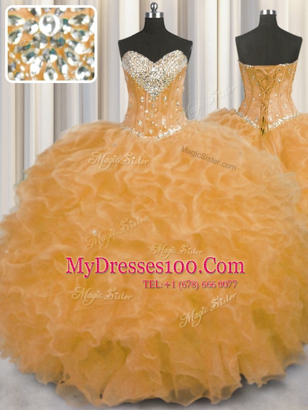 Customized Orange Sleeveless Beading and Ruffles Floor Length Quinceanera Gown