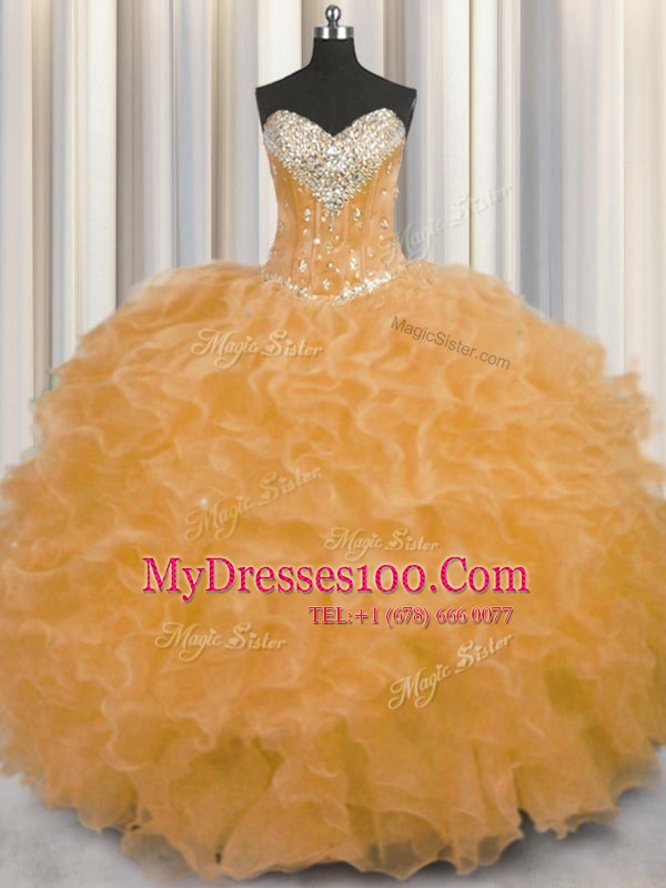 Customized Orange Sleeveless Beading and Ruffles Floor Length Quinceanera Gown