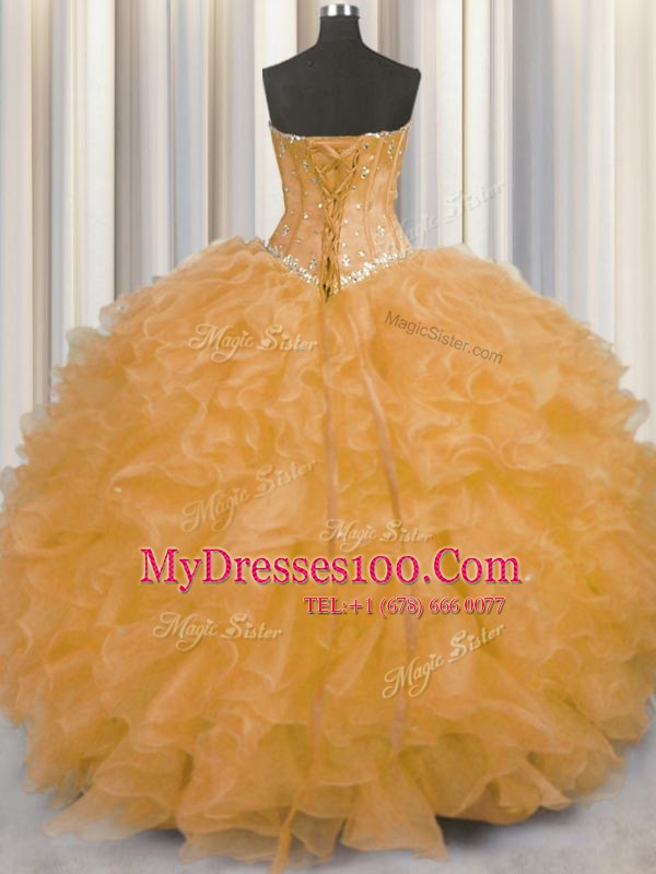 Customized Orange Sleeveless Beading and Ruffles Floor Length Quinceanera Gown